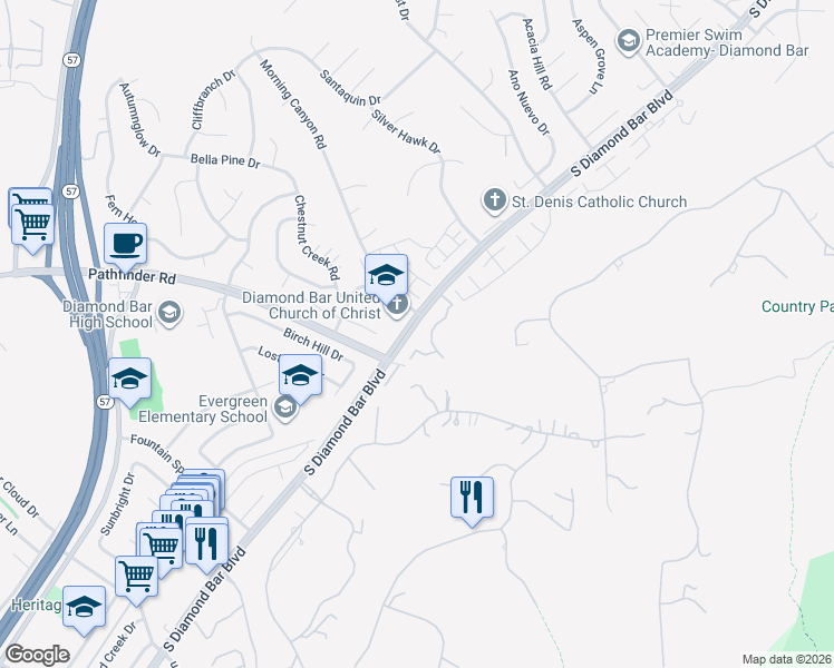 map of restaurants, bars, coffee shops, grocery stores, and more near 2350 South Diamond Bar Boulevard in Diamond Bar