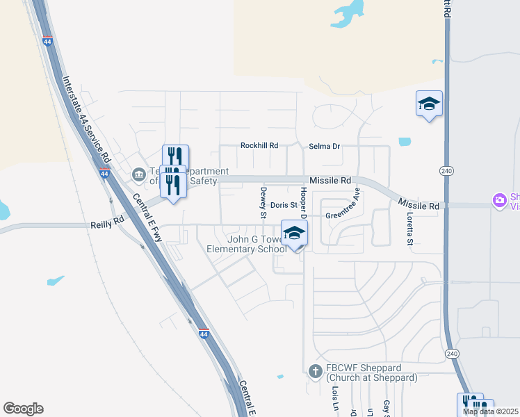 map of restaurants, bars, coffee shops, grocery stores, and more near 5306 Dewey Street in Wichita Falls