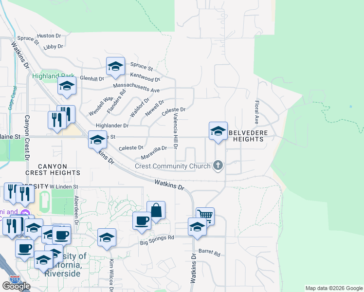 map of restaurants, bars, coffee shops, grocery stores, and more near 3345 Somis Drive in Riverside