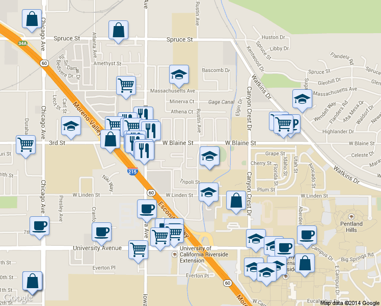 map of restaurants, bars, coffee shops, grocery stores, and more near 1130 West Blaine Street in Riverside