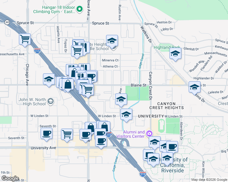 map of restaurants, bars, coffee shops, grocery stores, and more near 1130 West Blaine Street in Riverside