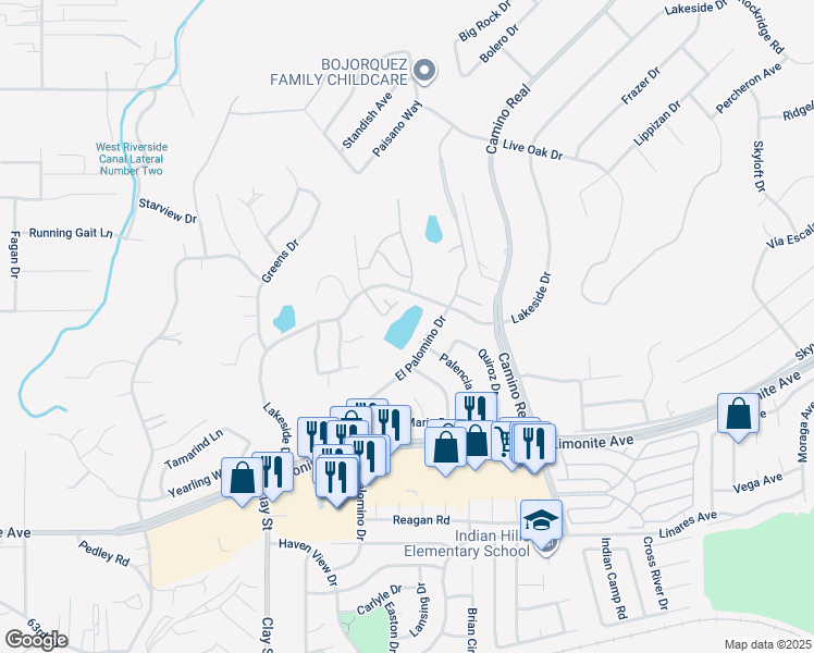 map of restaurants, bars, coffee shops, grocery stores, and more near 5838 El Palomino Drive in Riverside