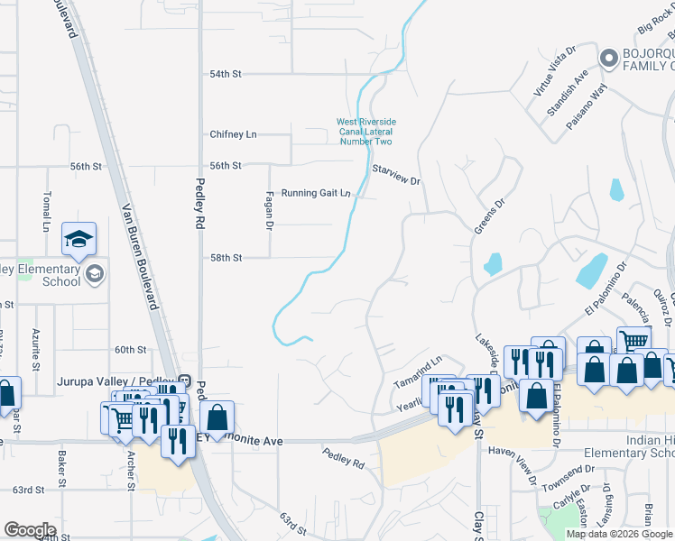 map of restaurants, bars, coffee shops, grocery stores, and more near 8539 58th Street in Riverside