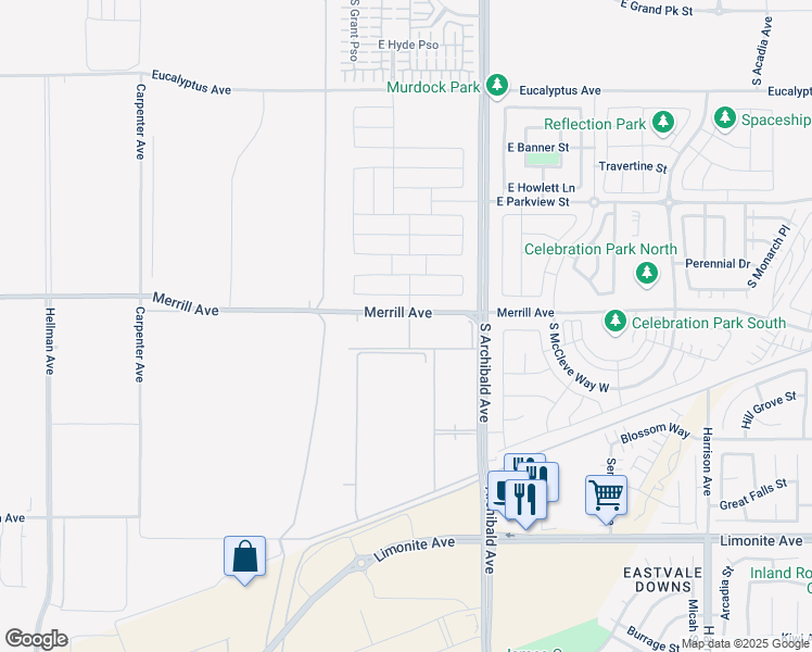 map of restaurants, bars, coffee shops, grocery stores, and more near 2510 Merrill Avenue in Ontario