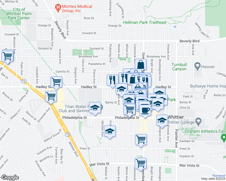 map of restaurants, bars, coffee shops, grocery stores, and more near 6503 Newlin Avenue in Whittier