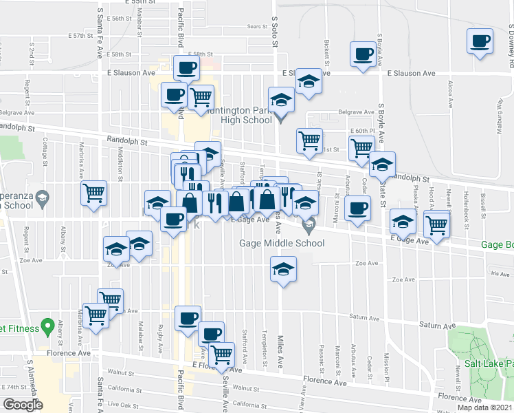 map of restaurants, bars, coffee shops, grocery stores, and more near 6336 Stafford Avenue in Huntington Park