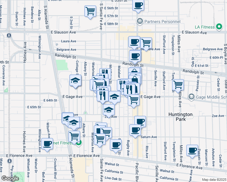 map of restaurants, bars, coffee shops, grocery stores, and more near 6336 Middleton Street in Huntington Park