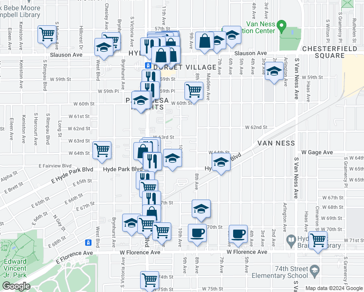 map of restaurants, bars, coffee shops, grocery stores, and more near 6312 10th Avenue in Los Angeles