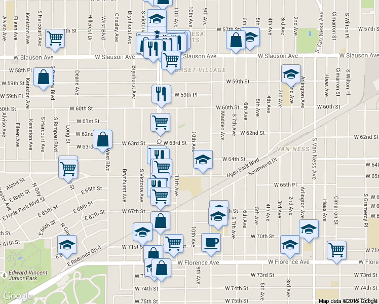 map of restaurants, bars, coffee shops, grocery stores, and more near 6310 11th Avenue in Los Angeles