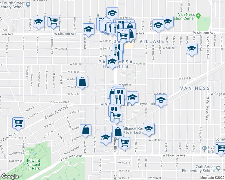 map of restaurants, bars, coffee shops, grocery stores, and more near 6310 South Victoria Avenue in Los Angeles