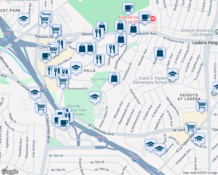 map of restaurants, bars, coffee shops, grocery stores, and more near 6225 Canterbury Drive in Culver City