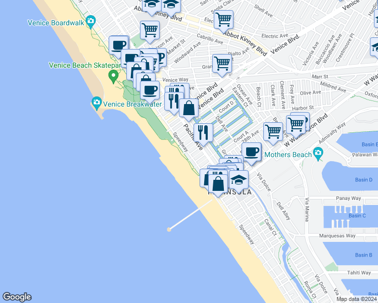 map of restaurants, bars, coffee shops, grocery stores, and more near 34 25th Place in Los Angeles