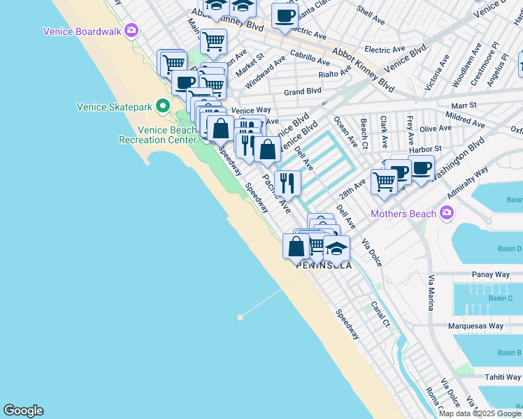 map of restaurants, bars, coffee shops, grocery stores, and more near 2401 Ocean Front Walk in Los Angeles