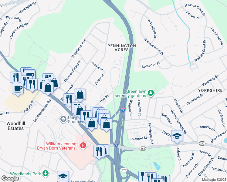 map of restaurants, bars, coffee shops, grocery stores, and more near 919 True Street in Columbia