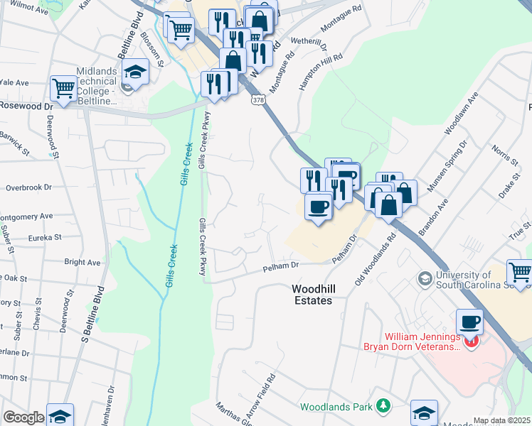 map of restaurants, bars, coffee shops, grocery stores, and more near 120 High Hampton Drive in Columbia