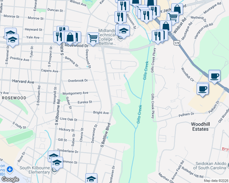 map of restaurants, bars, coffee shops, grocery stores, and more near 612 South Beltline Boulevard in Columbia