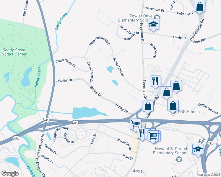 map of restaurants, bars, coffee shops, grocery stores, and more near 445 Boley Drive in Athens