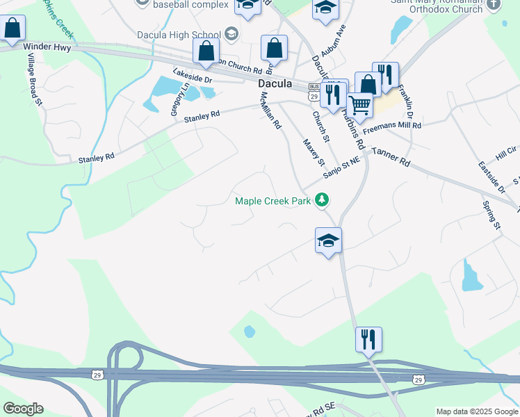 map of restaurants, bars, coffee shops, grocery stores, and more near 370 Charlyne Way in Dacula