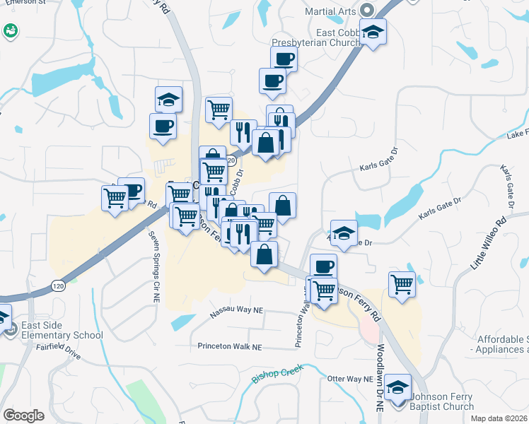map of restaurants, bars, coffee shops, grocery stores, and more near 1356 Heritage Glen Drive in Marietta