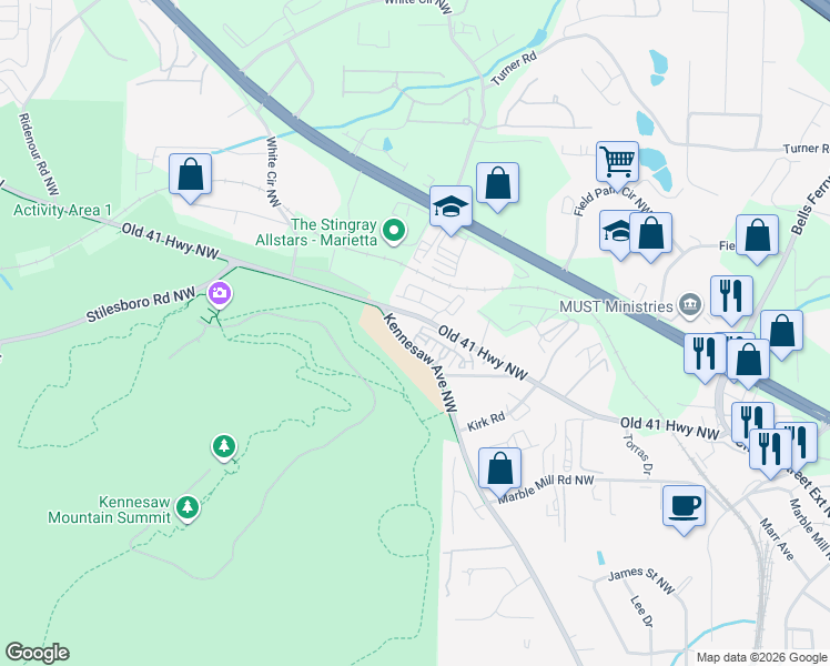 map of restaurants, bars, coffee shops, grocery stores, and more near 618 Parkside Village Drive in Marietta