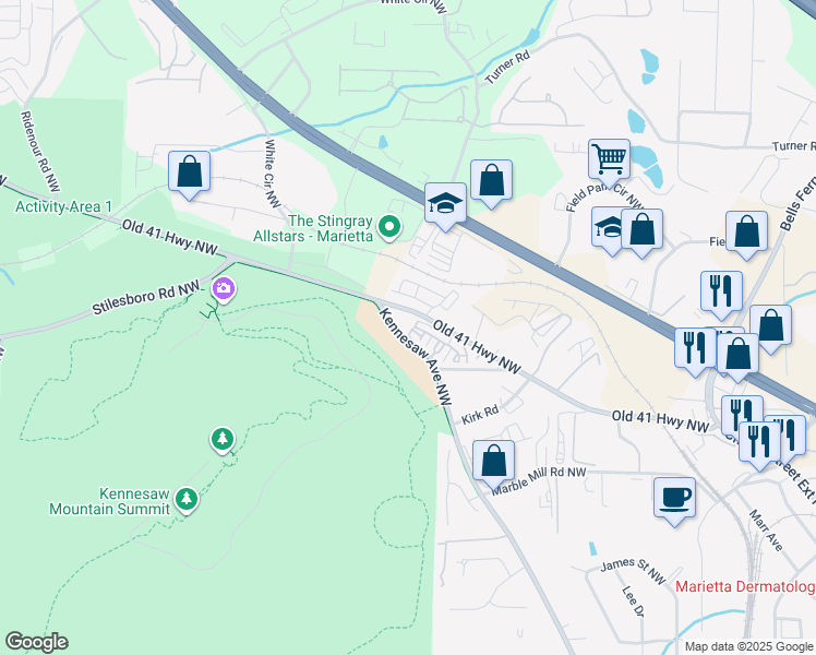 map of restaurants, bars, coffee shops, grocery stores, and more near 618 Parkside Village Drive in Marietta