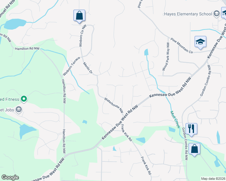 map of restaurants, bars, coffee shops, grocery stores, and more near 933 Checkered Way Northwest in Kennesaw