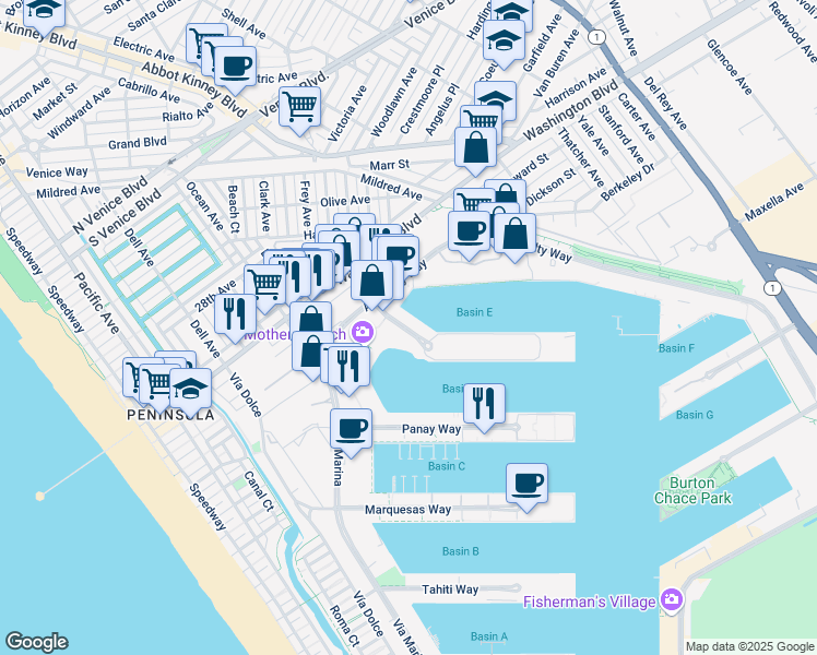 map of restaurants, bars, coffee shops, grocery stores, and more near 14031 Palawan Way in Marina del Rey