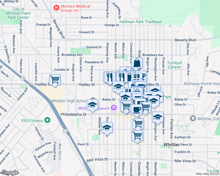 map of restaurants, bars, coffee shops, grocery stores, and more near 6512 Pickering Avenue in Whittier
