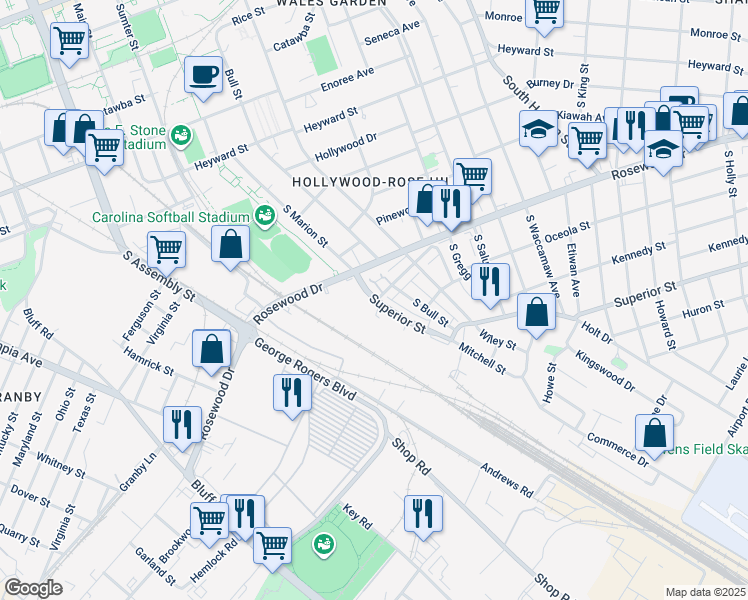 map of restaurants, bars, coffee shops, grocery stores, and more near 532 Superior Street in Columbia
