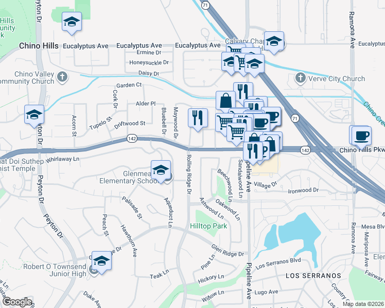 map of restaurants, bars, coffee shops, grocery stores, and more near 14911 Rolling Ridge Drive in Chino Hills
