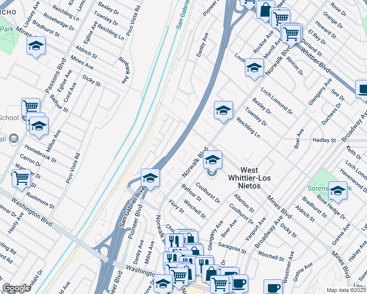 map of restaurants, bars, coffee shops, grocery stores, and more near 10703 Allerton Street in Whittier