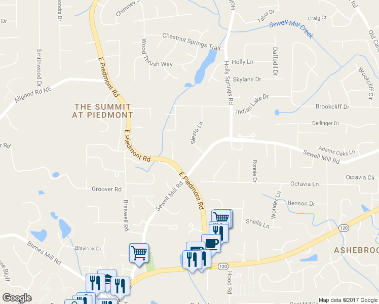map of restaurants, bars, coffee shops, grocery stores, and more near 1315 Siesta Lane in Marietta