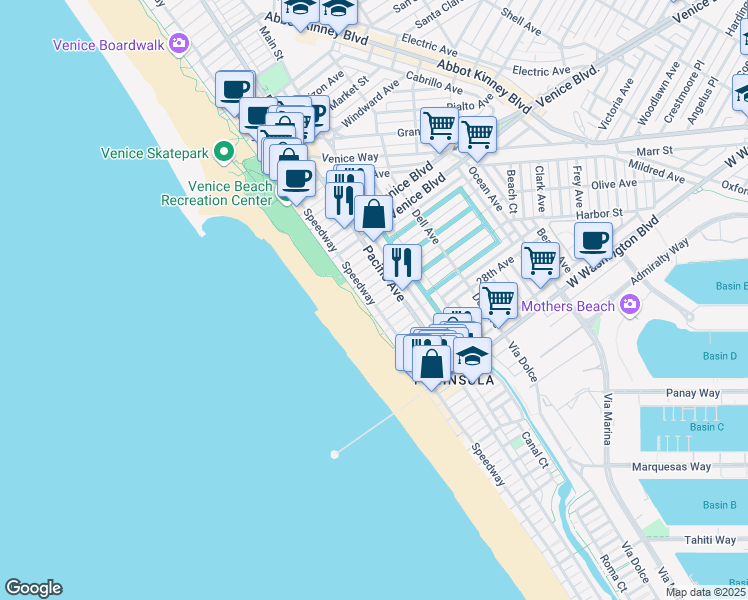map of restaurants, bars, coffee shops, grocery stores, and more near 34 25th Place in Los Angeles