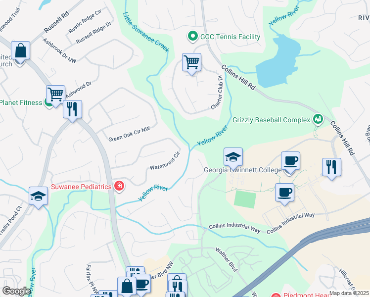 map of restaurants, bars, coffee shops, grocery stores, and more near 1725 Watercrest Circle in Lawrenceville