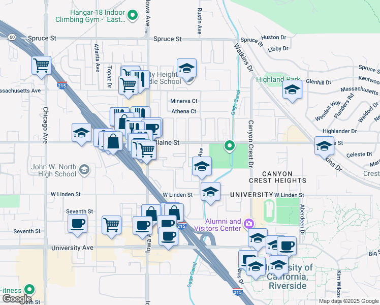 map of restaurants, bars, coffee shops, grocery stores, and more near in Riverside