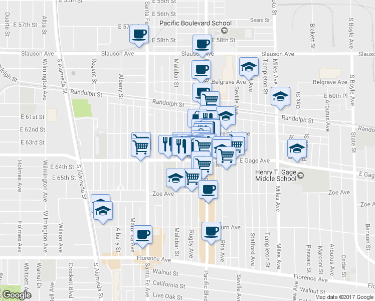 map of restaurants, bars, coffee shops, grocery stores, and more near 6341 Rugby Avenue in Huntington Park