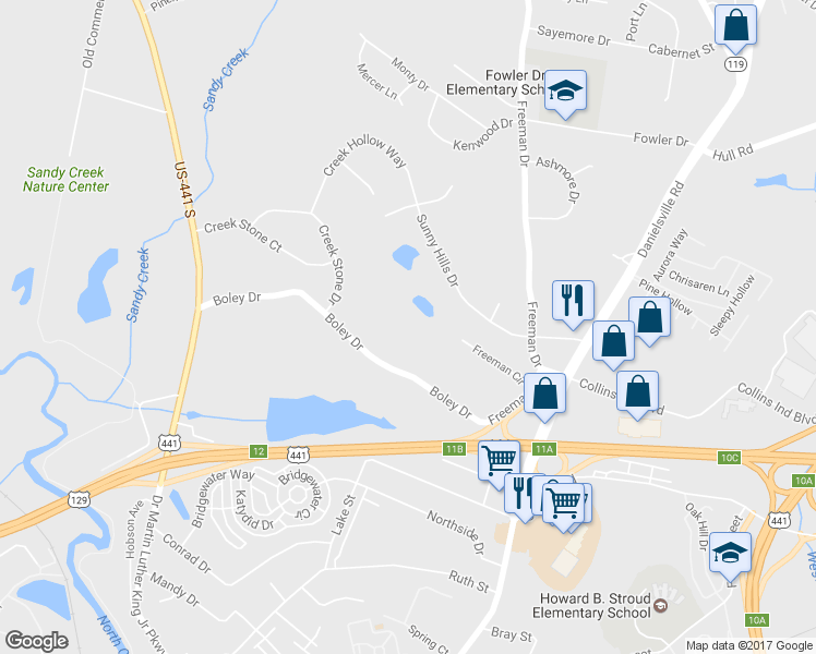 map of restaurants, bars, coffee shops, grocery stores, and more near 445 Boley Drive in Athens
