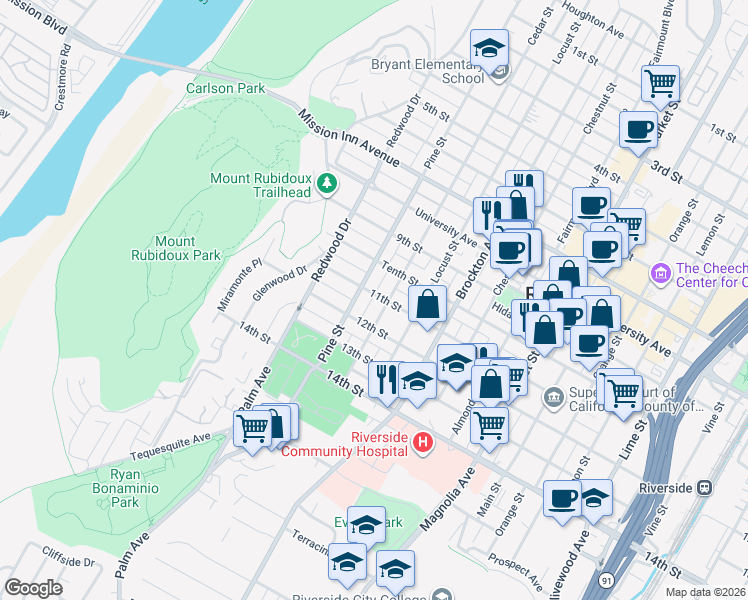 map of restaurants, bars, coffee shops, grocery stores, and more near 4340 11th Street in Riverside