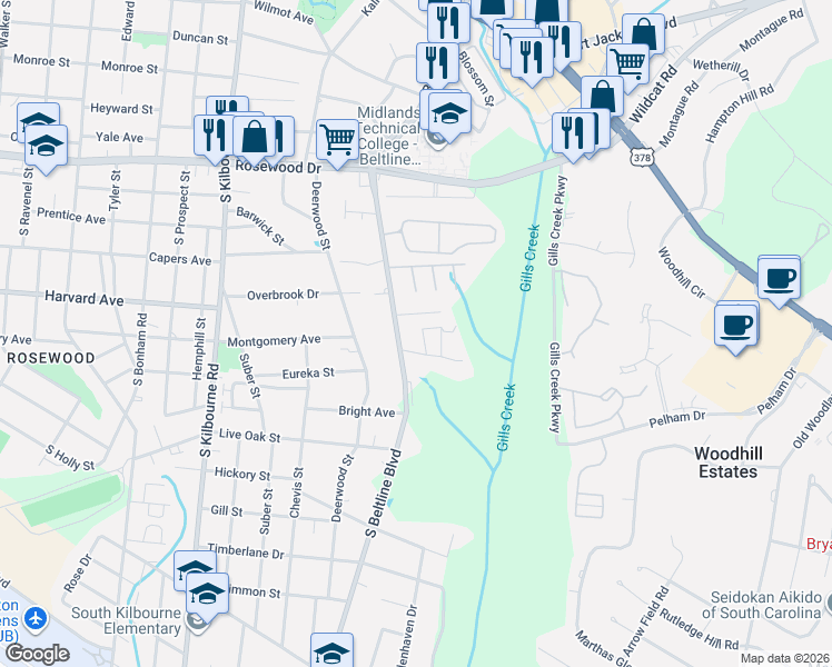 map of restaurants, bars, coffee shops, grocery stores, and more near 612 South Beltline Boulevard in Columbia