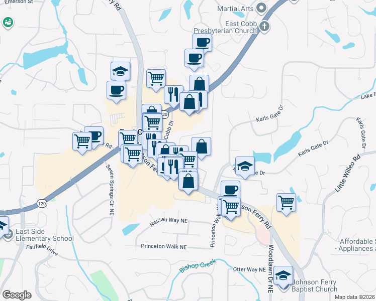 map of restaurants, bars, coffee shops, grocery stores, and more near 1356 Heritage Glen Drive in Marietta