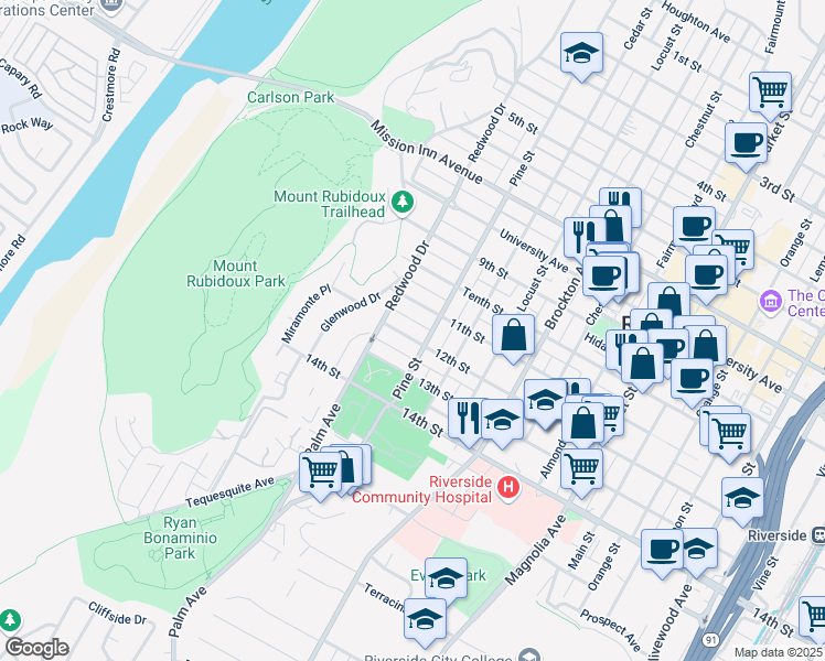 map of restaurants, bars, coffee shops, grocery stores, and more near 4435 12th Street in Riverside