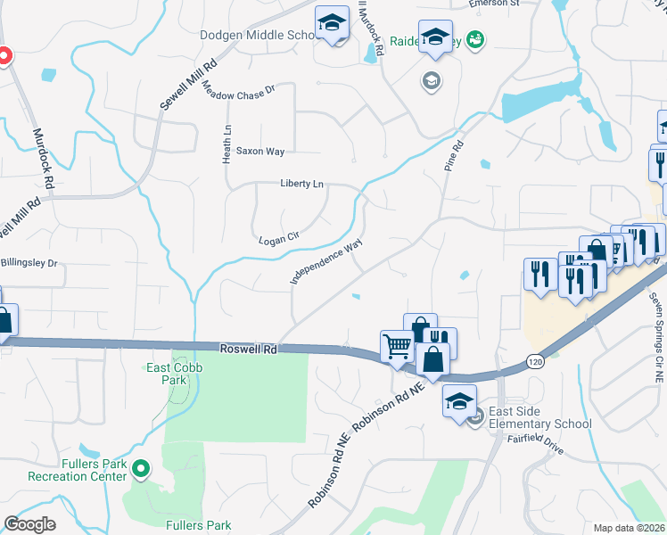 map of restaurants, bars, coffee shops, grocery stores, and more near 1344 Independence Way in Marietta