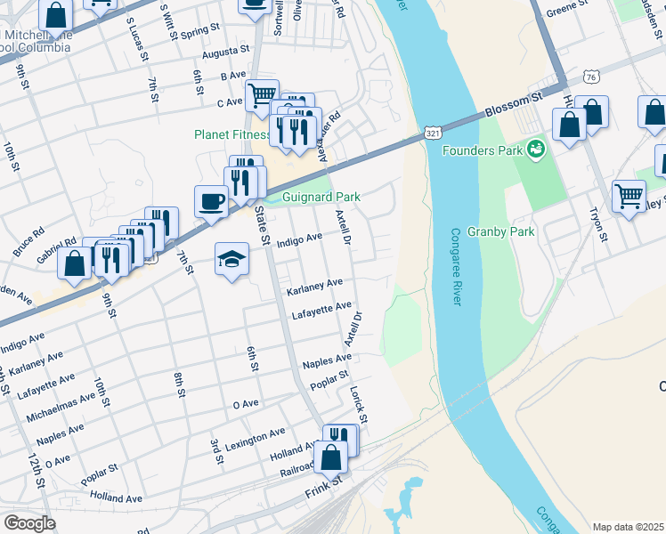 map of restaurants, bars, coffee shops, grocery stores, and more near 1227 Jessamine Street in Cayce