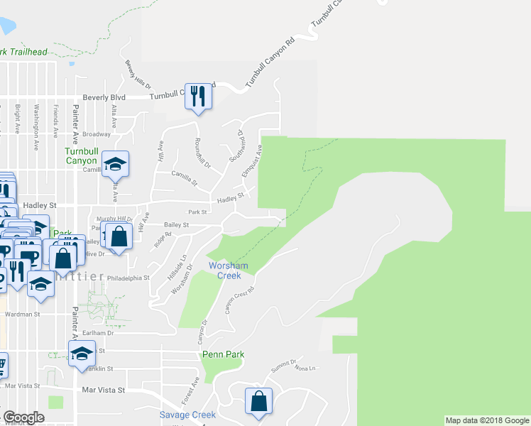 map of restaurants, bars, coffee shops, grocery stores, and more near 13875 Philadelphia Street in Whittier