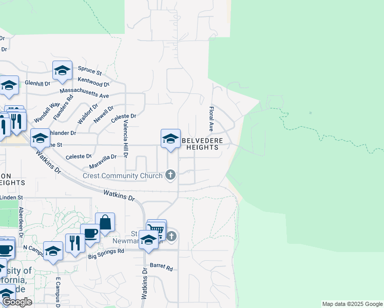 map of restaurants, bars, coffee shops, grocery stores, and more near 3333 Maricopa Drive in Riverside