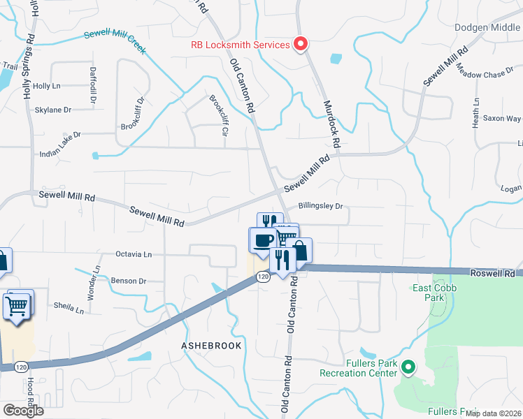 map of restaurants, bars, coffee shops, grocery stores, and more near 3009 Eglantine Court in Marietta