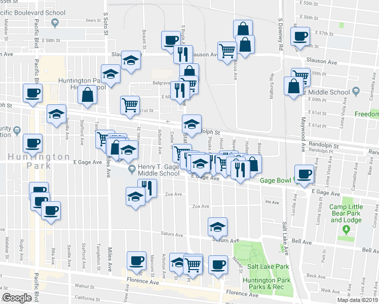 map of restaurants, bars, coffee shops, grocery stores, and more near 6300 State Street in Huntington Park