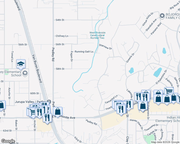 map of restaurants, bars, coffee shops, grocery stores, and more near 8539 58th Street in Riverside