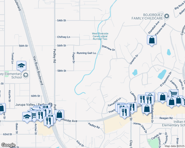 map of restaurants, bars, coffee shops, grocery stores, and more near 8600 58th Street in Riverside