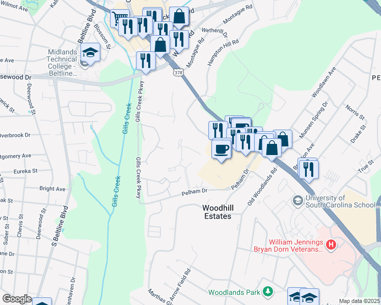 map of restaurants, bars, coffee shops, grocery stores, and more near 120 High Hampton Drive in Columbia